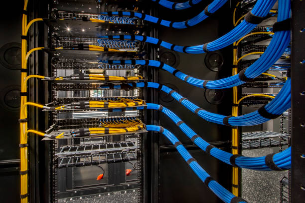 Fiber Optic and Cat 6 wiring in a server room.